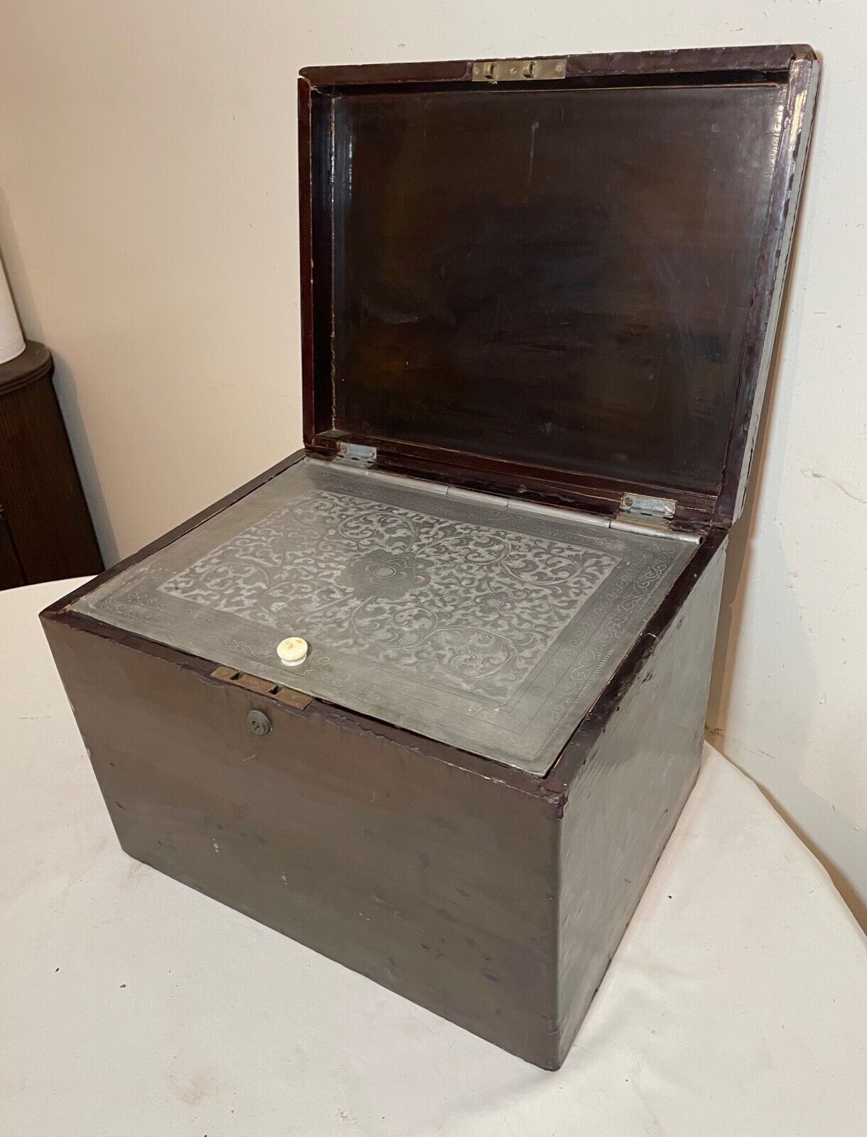 LARGE antique 1800's handmade J Bramah London lacquered wood pewter humidor box