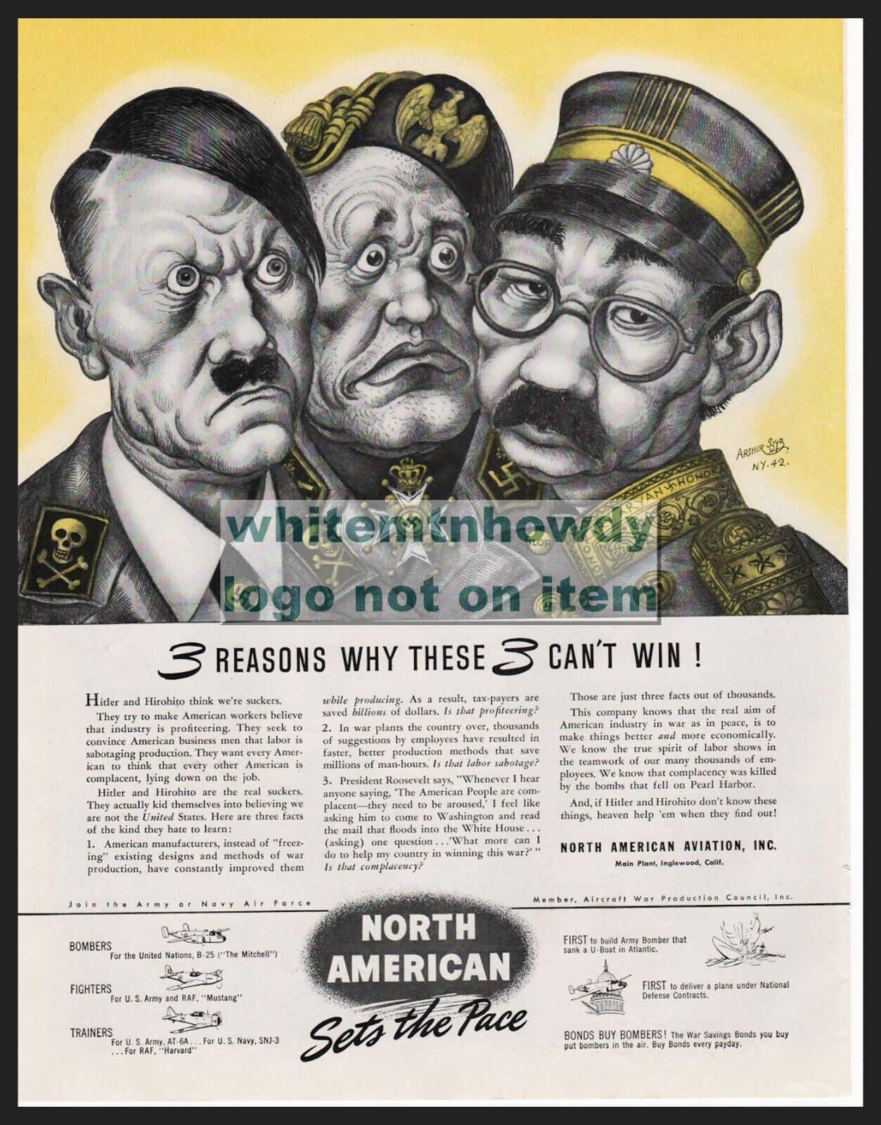 1942 WWII ARTHUR SZYK Art North American Aviation AD Hitler Hirohito Mussolini