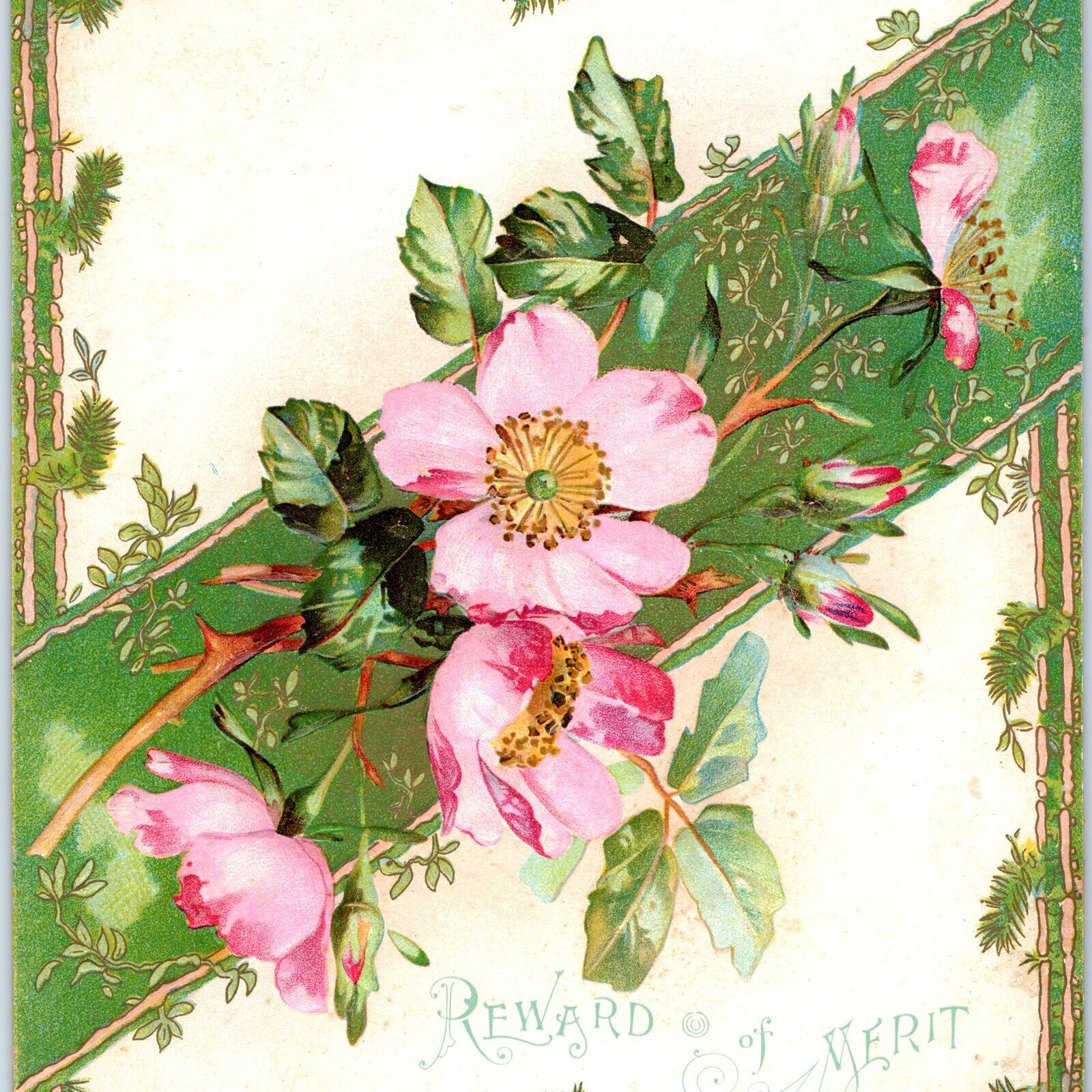 c1880s Large Reward of Merit Victorian Trade Card to Student Embossed Flower 2D