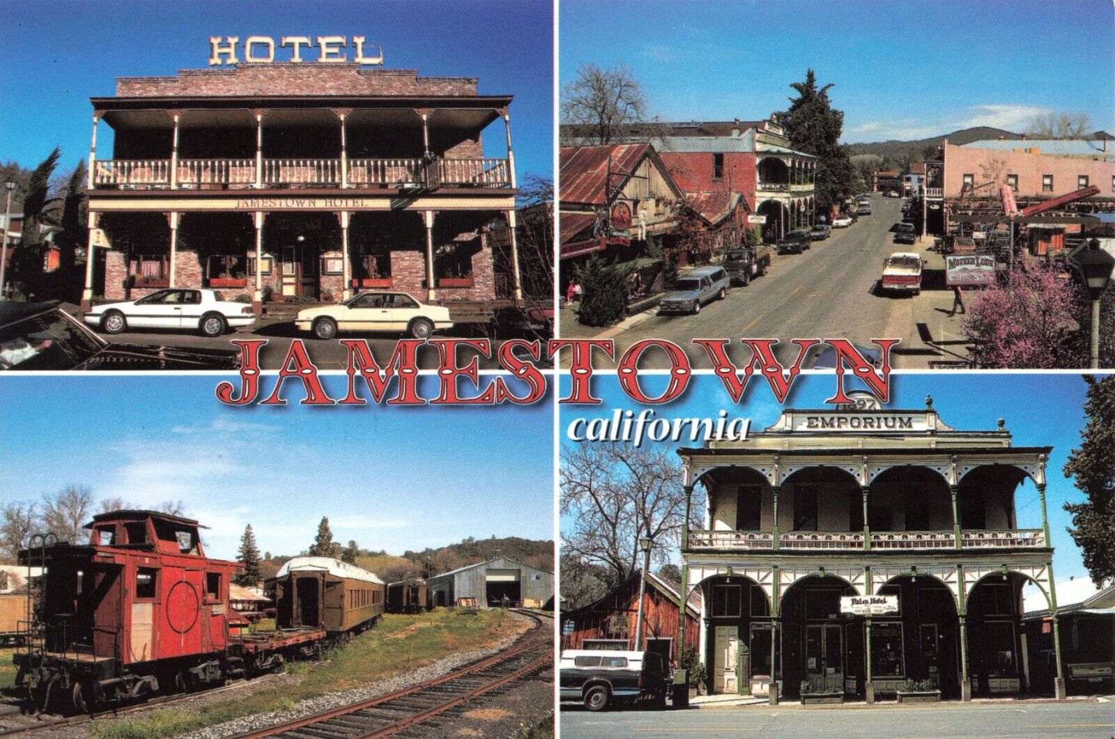 Postcard CA Jamestown Main Street Train Caboose Hotel Automobiles Tuolumne Co.
