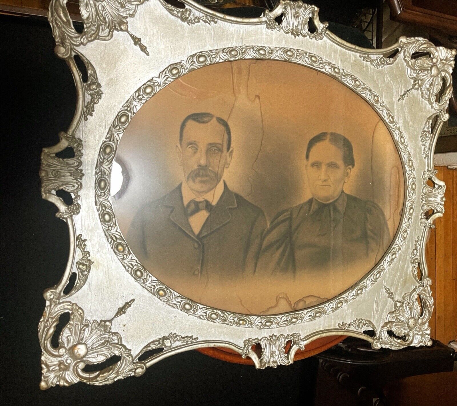 Antique Picture  of a Husband  and Wife,  appears to be 1800s very large, Ornate