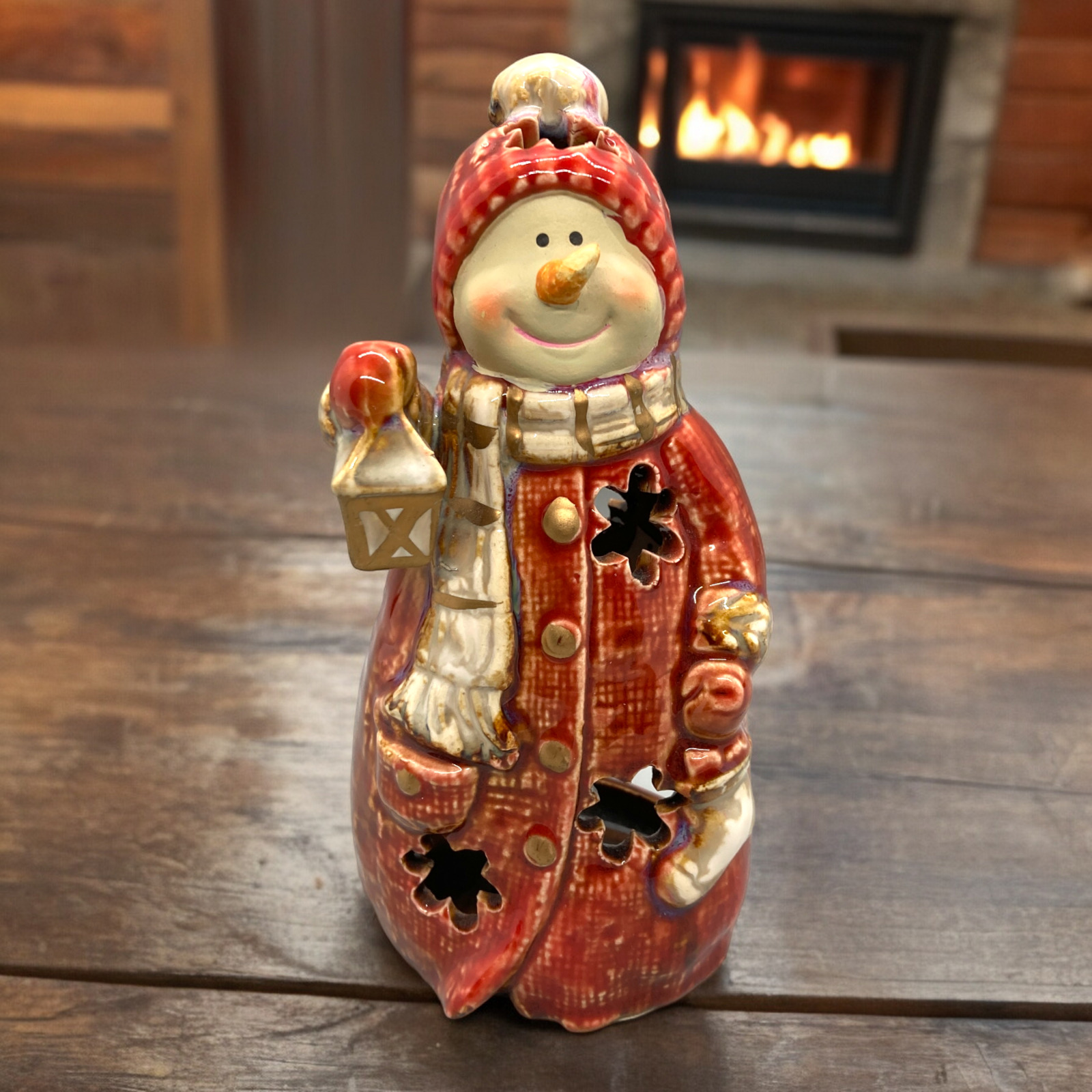 Tii Collections Ceramic Red Sweater Snowman w/Lantern Tealight Candle Holder 6\