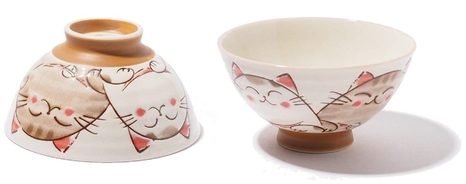 Japanese Rice Bowl Set Ceramic Cute Smiling Cats Design Set of 2 Bowls Pink
