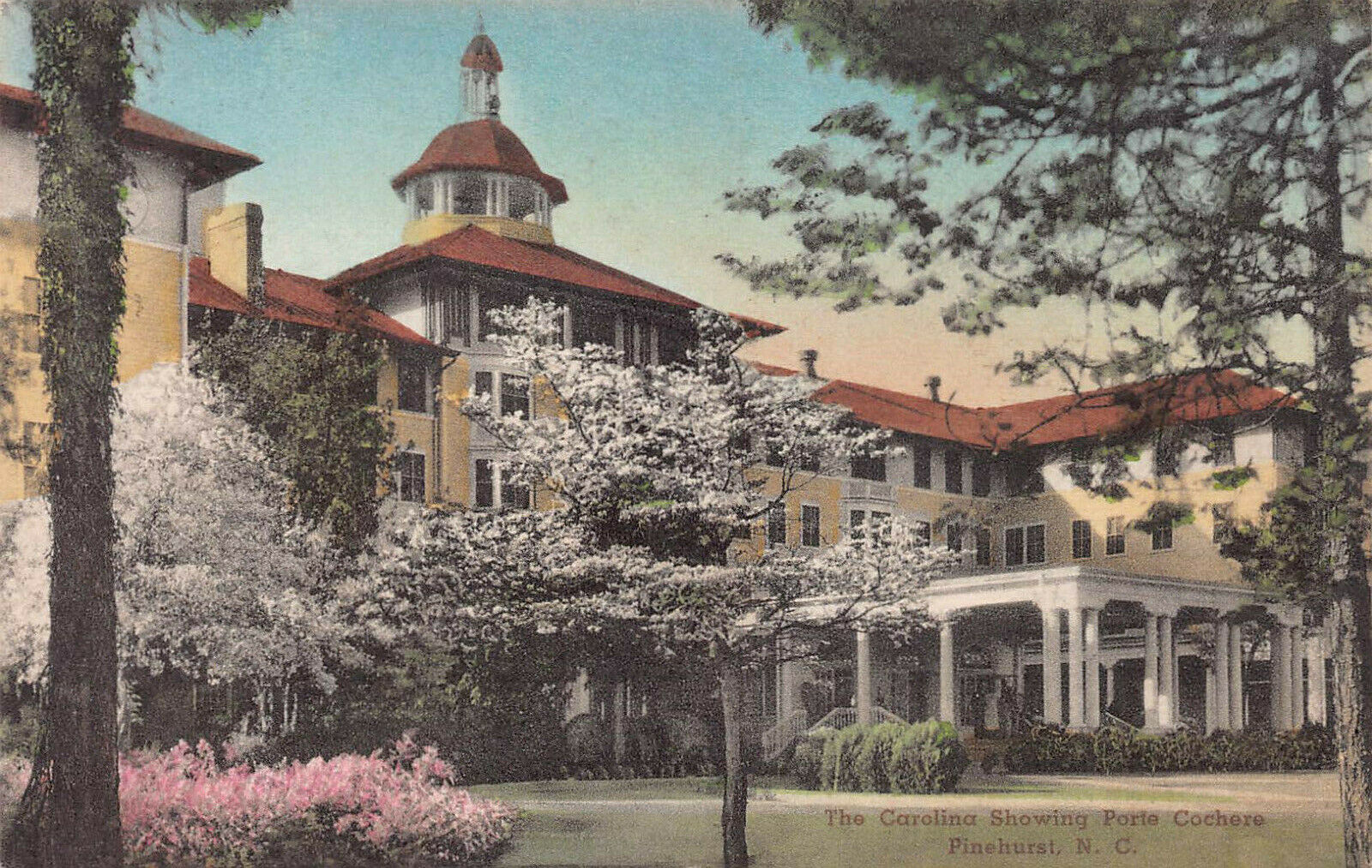 The Carolina, showing Port Cochere, Pinehurst, NC, Early Hand Colored Postcard