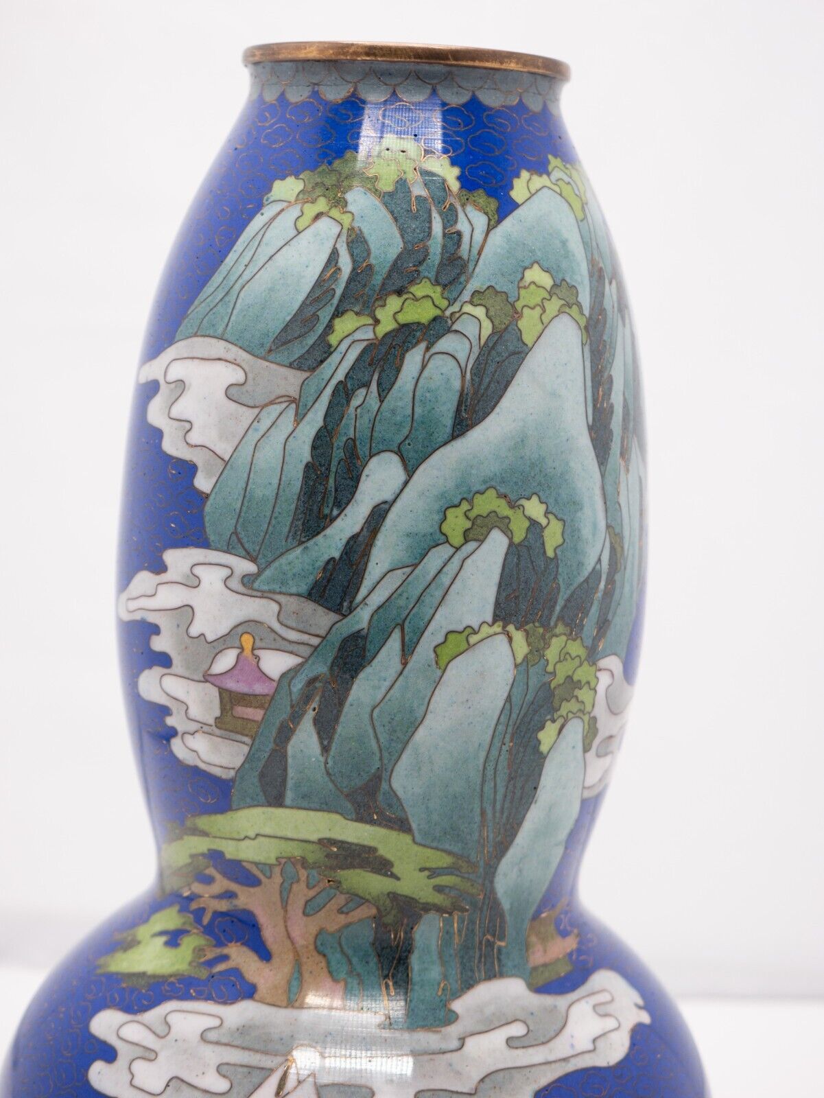 Very Rare Double Gourd Cloisonne Vase,  Chinese Scenery Vase Enamel Chinoiserie