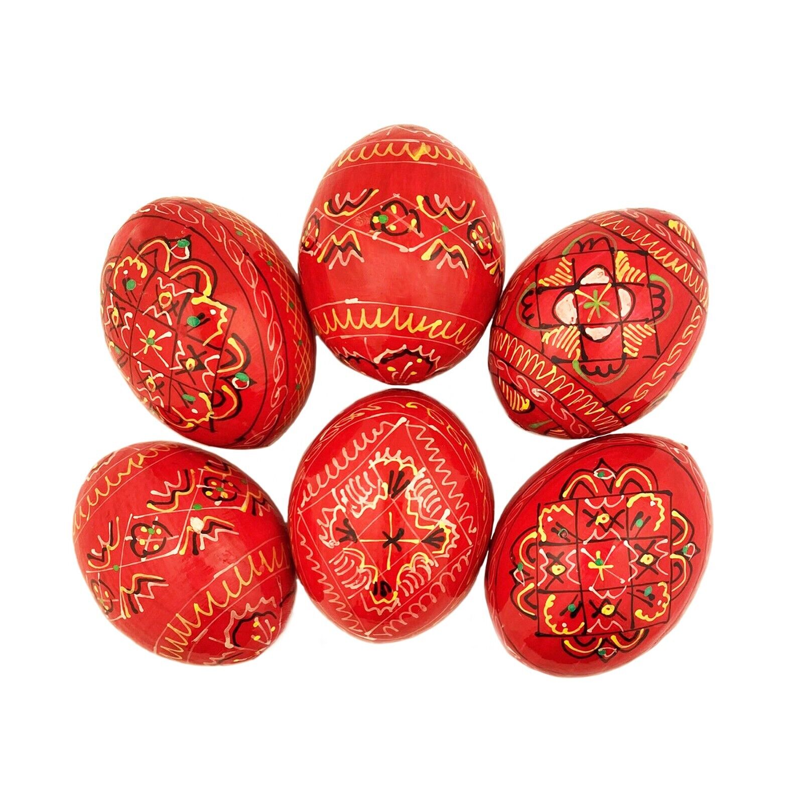Pysanky Pisanki Hand Painted Ukrainian Wooden Easter Eggs - Pack of 6 Red  COLOR