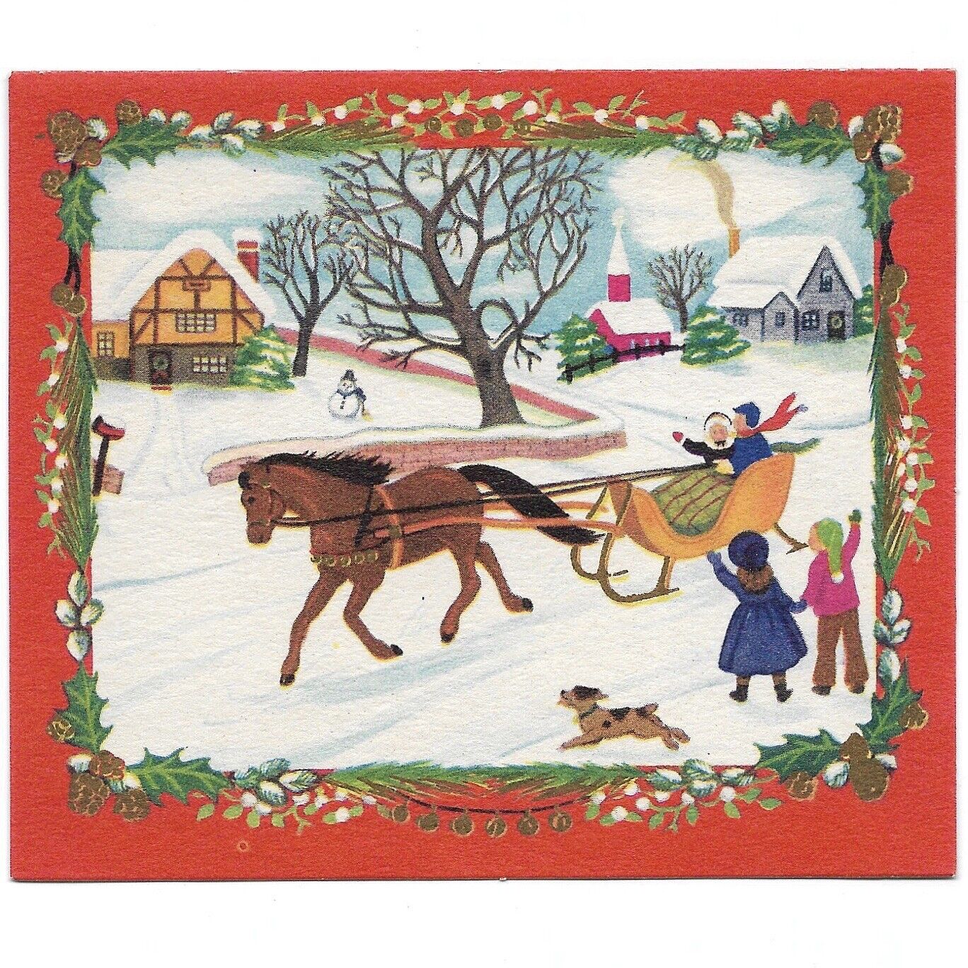 Vintage Christmas Greeting Card Couple On Horse Carriage Winter Snow Scene 1940s