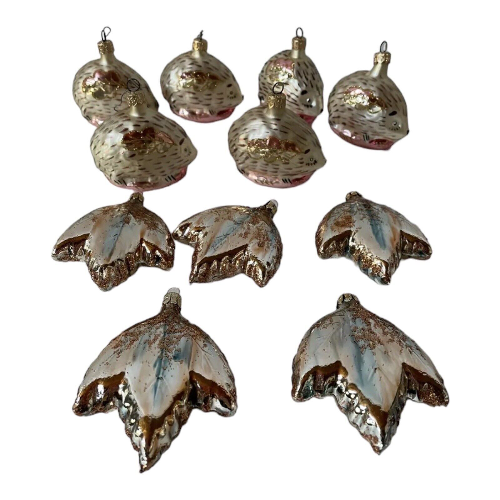 Hedgehogs And Leaves Blown Glass Christmas Tree Ornament w Glitter Set Of 11