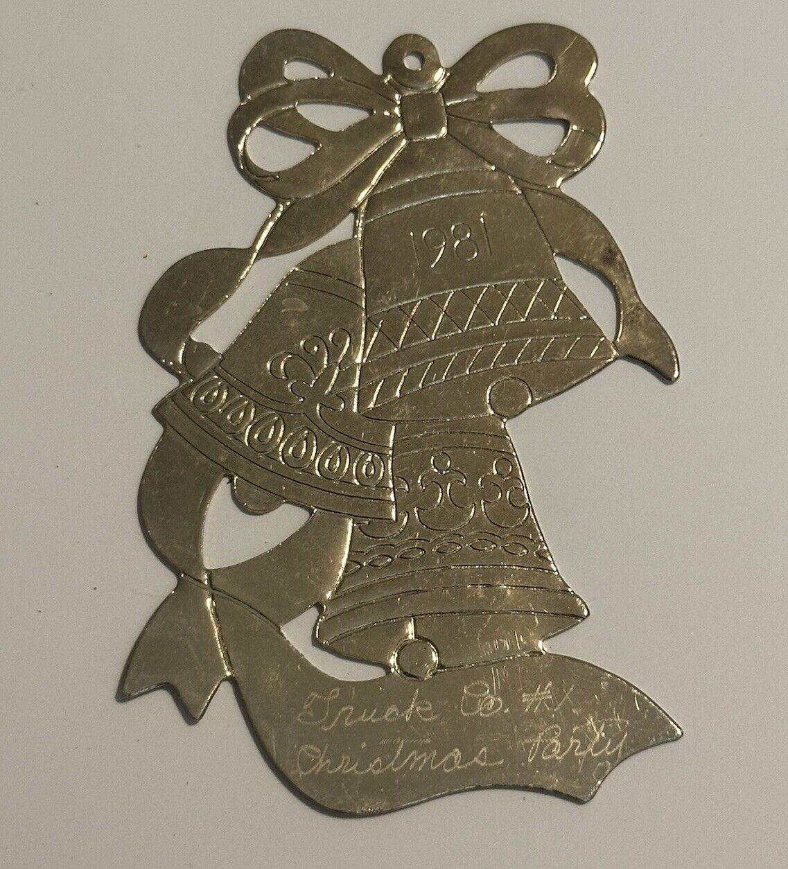 Vtg 1981 Leonard Brass Ornament Triple Bell Engraved Truck Co #1 Christmas Party