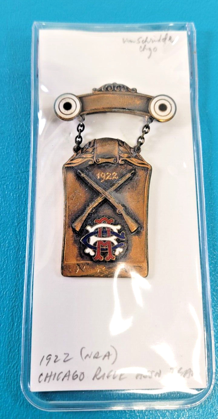 Vintage NRA Chicago Rifle Assn Team Medal Pin Badge  c. 1922  Wm Schridde Co.
