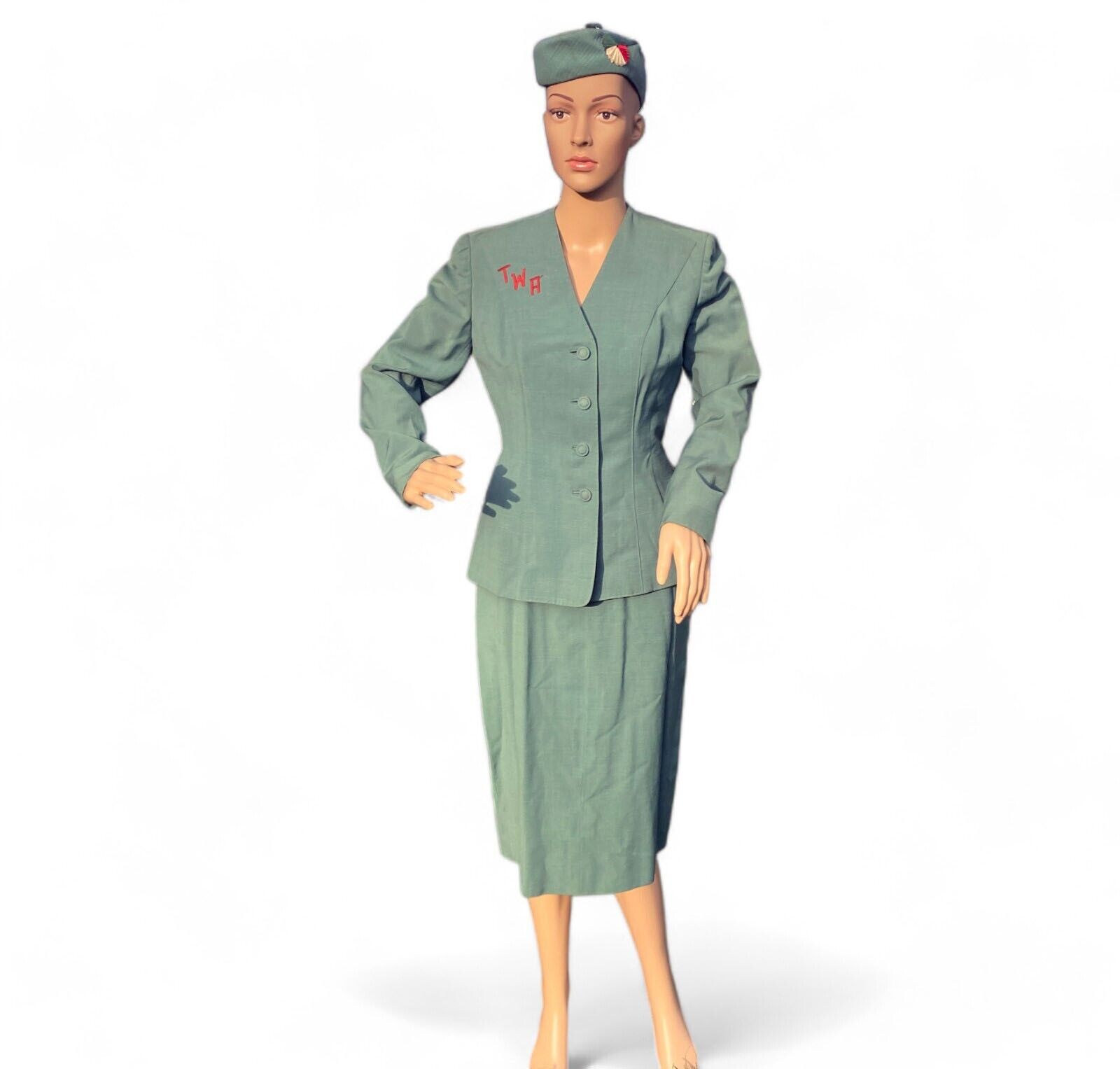 Vintage 1950\'s TWA Stewardess Hostess Uniform with Hat, Blazer, 2 Skirts & Belt