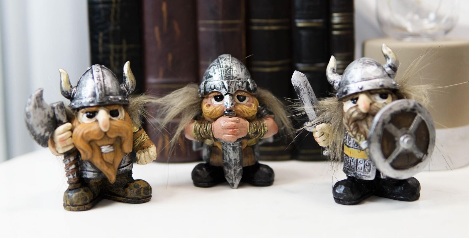 Small Chibi Norse Viking Berserk Warriors with Axe Sword Shield Statue Set of 3