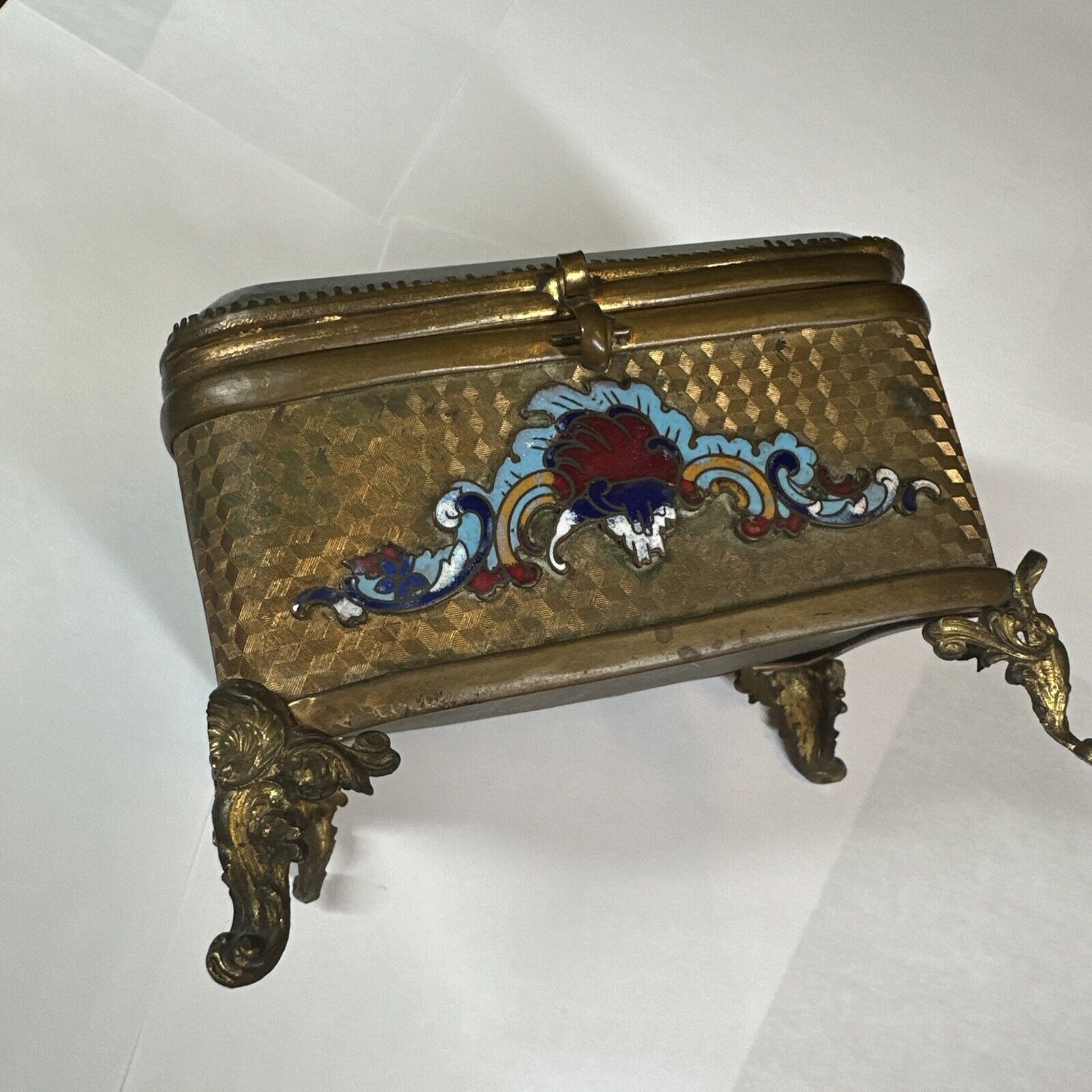 Antique Gold Gilded Brass Beveled Glass Enameled Trinket Jewelry Box