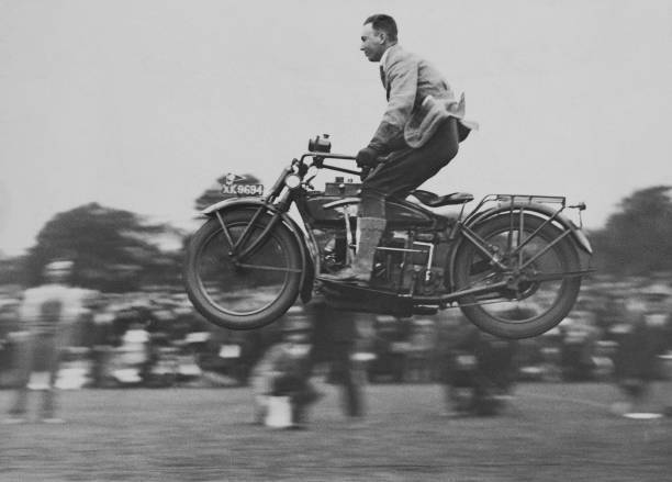 Motorcycle rider FJR Heath competes \'ski jumping\' event during Cam- 1930s Photo