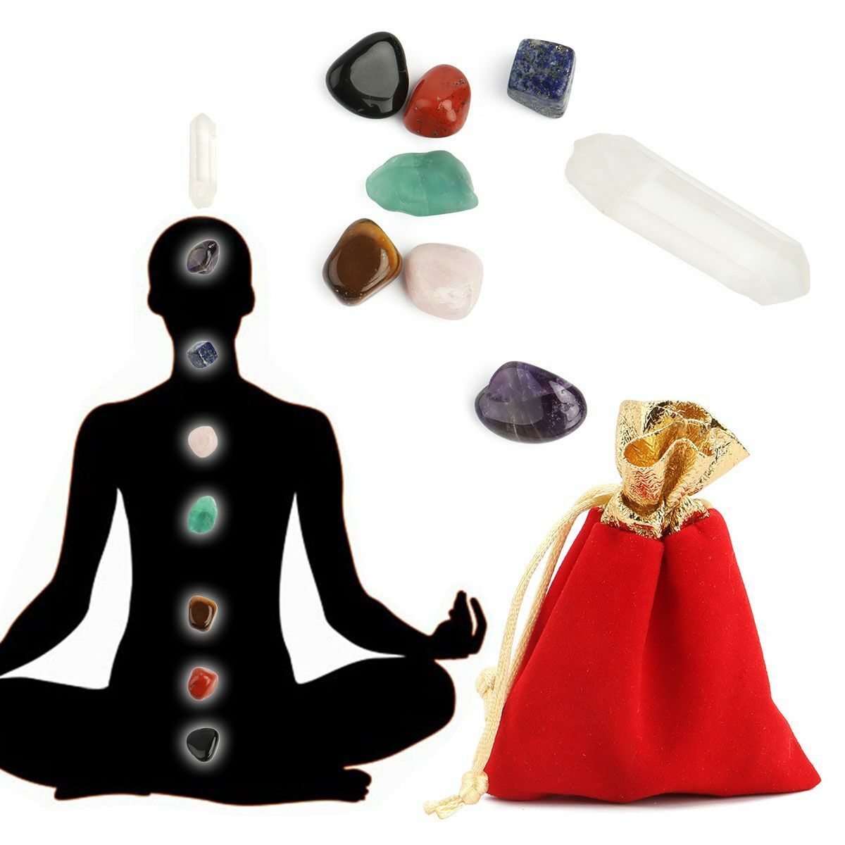 8Pcs/Set 7 Chakra Balance Kit Natural Quartz Crystal Healing Tumbled Stone & Bag