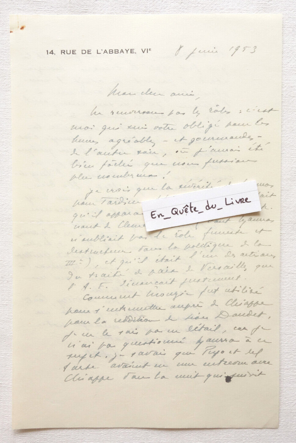 L.A.S Xavier Vallat (1891-1972) Signed Autograph Letter [Charles Maurras]