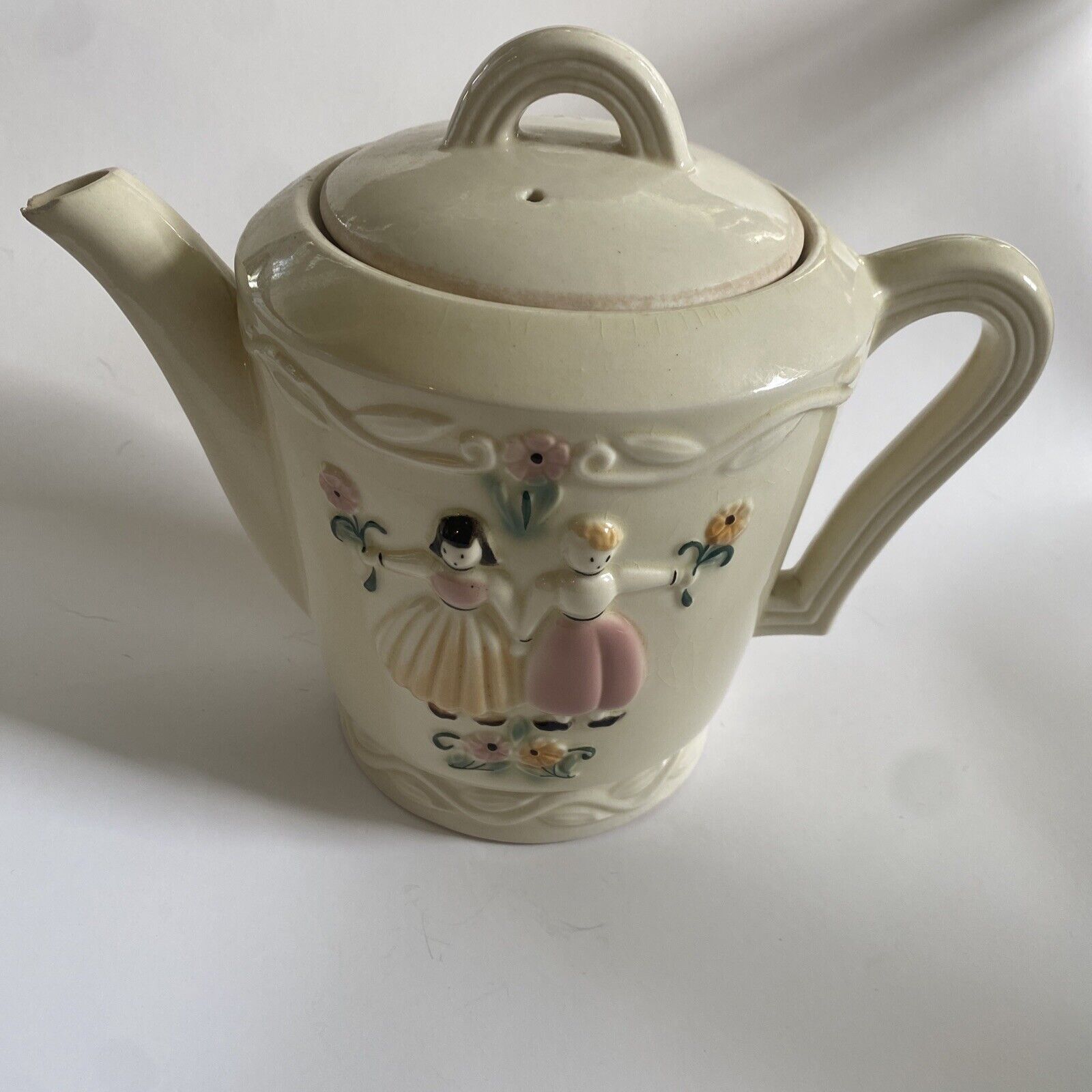 Vintage Porcelier Vitreous Porcelain Tea Pot Dutch Couple And Flowers Made USA