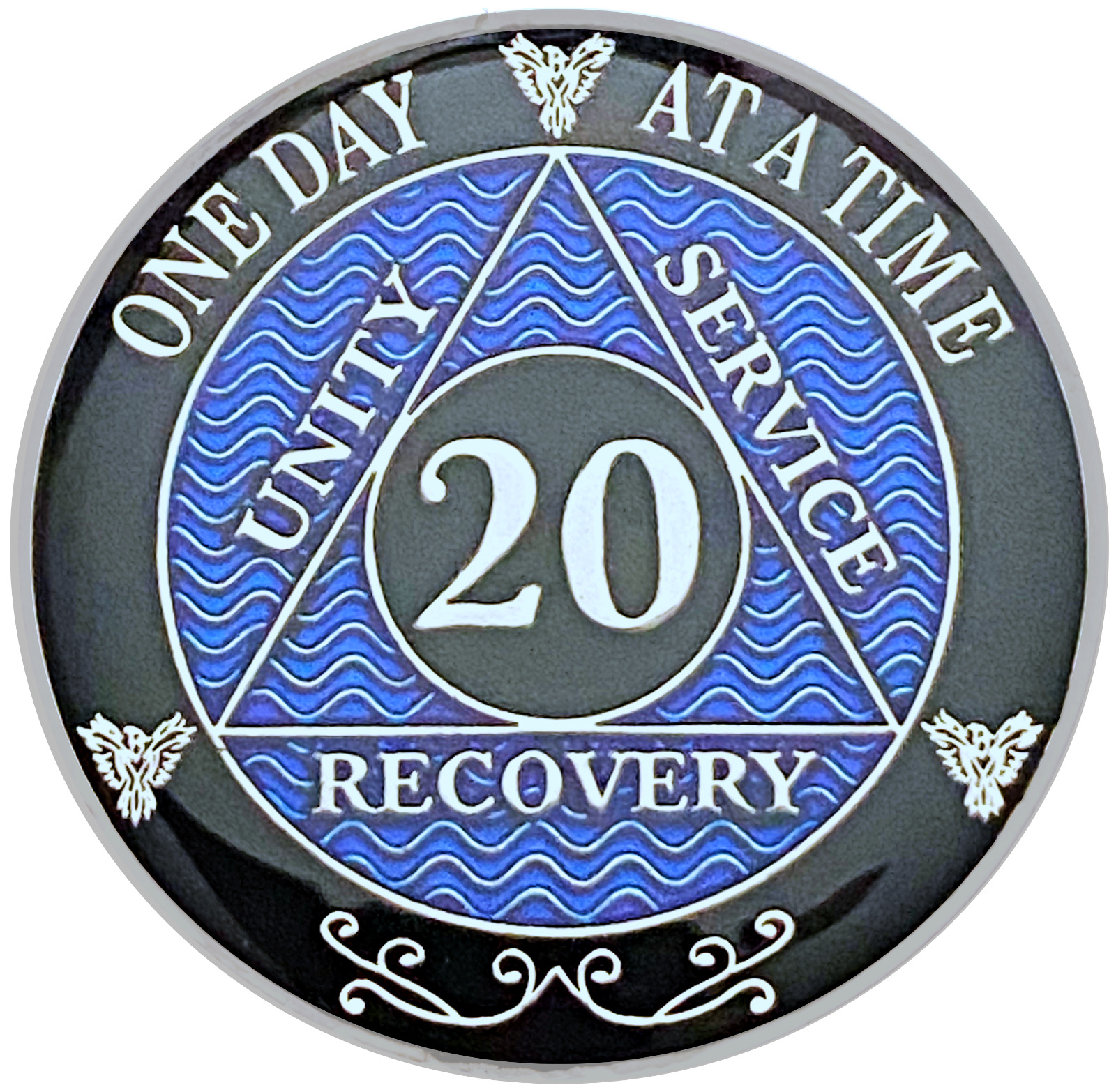AA 20 Year Coin Blue, Silver Color Plated Medallion, Alcoholics Anonymous Coin