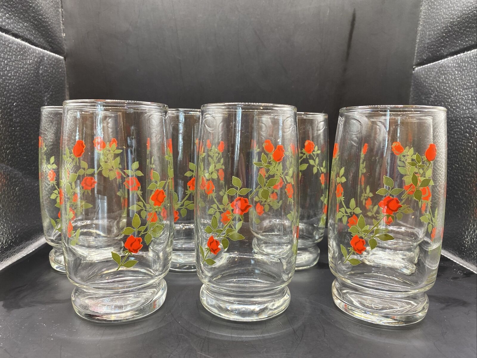 Vintage Set of 7 Red Rose Floral 16oz Anchor Hocking Drinking Glasses