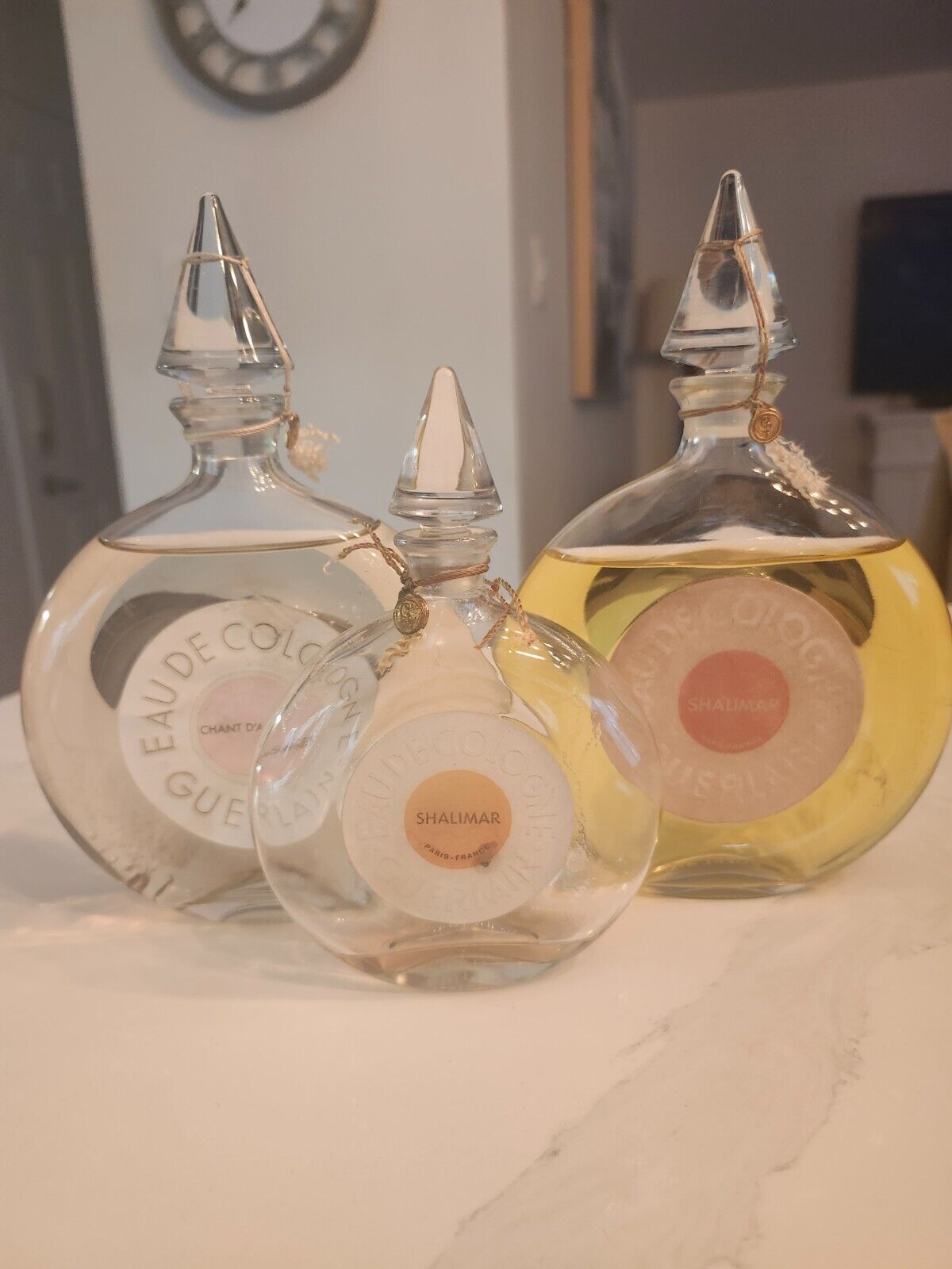 Vintage Fatice 3 bottles Guerlain Chant d\'Aromes and Shalimar 3 fl oz one small