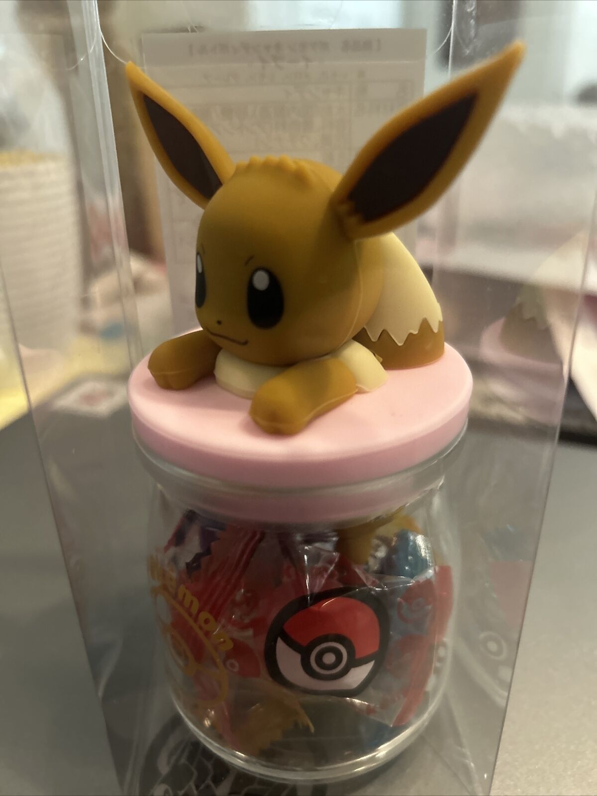 Pokemon Candy Bottle Eevee Glass Pink Figure Jar Evoli Kanto