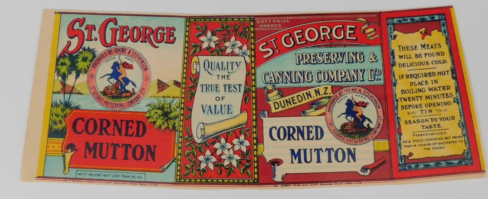 Vintage  St. George Corned Mutton Can Label, New Zealand Circa 1910