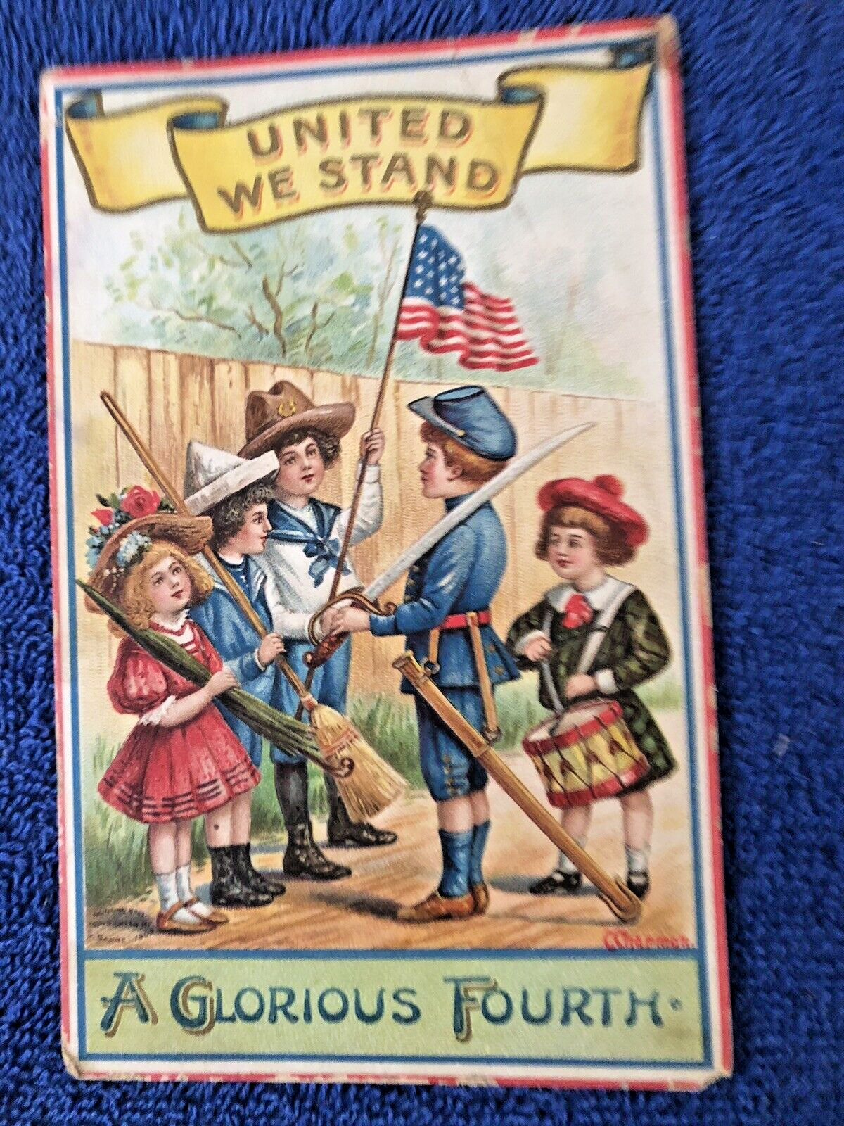 July 4th Patriotic Children w/ Drum, Flag, Saber, CHAPMAN,  c1910 Postcard