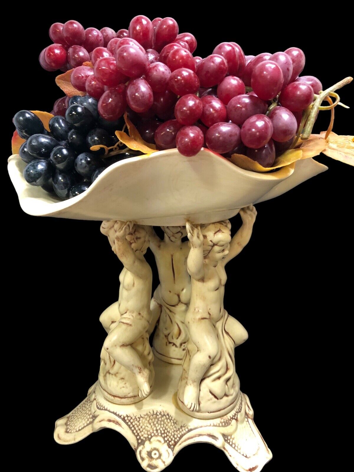 Large 14” Ceramic Cherub Angels Dish Bowl With 4 Large Grape Clusters 10” Dish