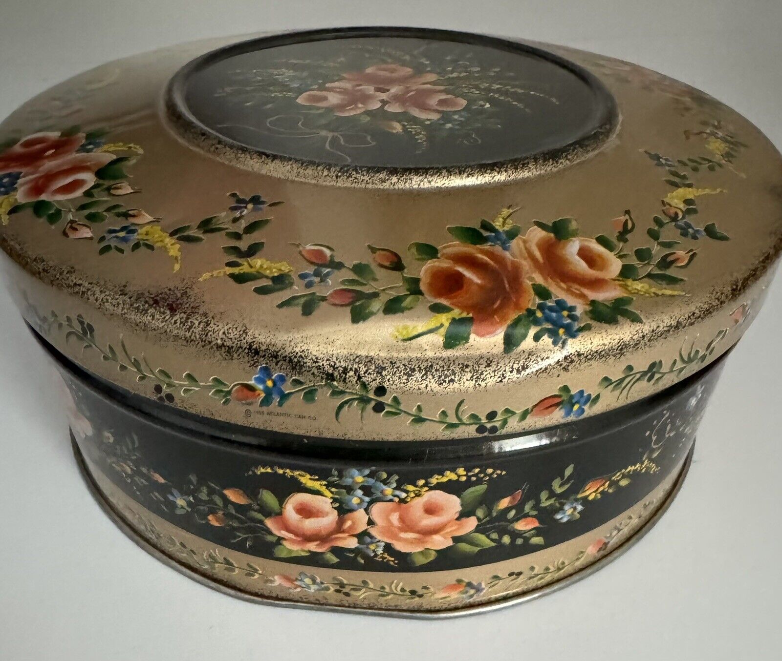 Vintage Toleware Candy Tin Round Lid Covered Box Black Gold Floral Container