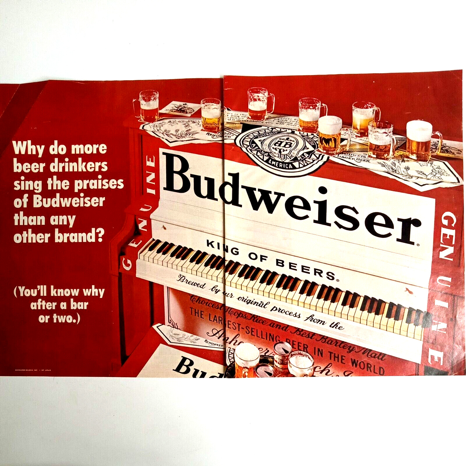 Vintage 1970 Budweiser Print Ad Upright Piano 2 Page Advertisement