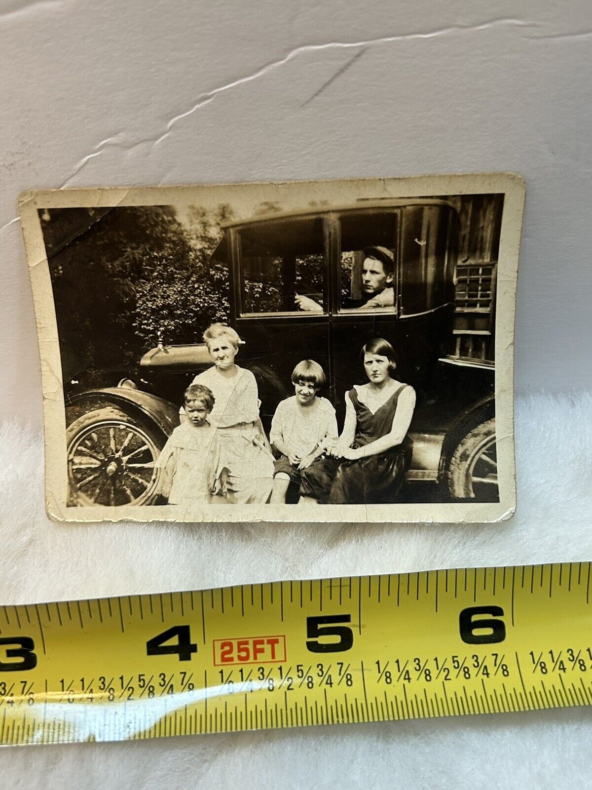 Antique Photo Snapshot Of Family Posing With Old Car 