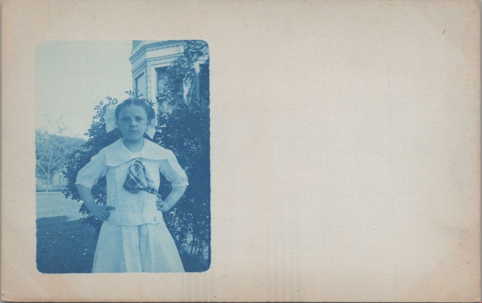 Cyanotype Postcard Little Girl Hands on Hips Large Bow 