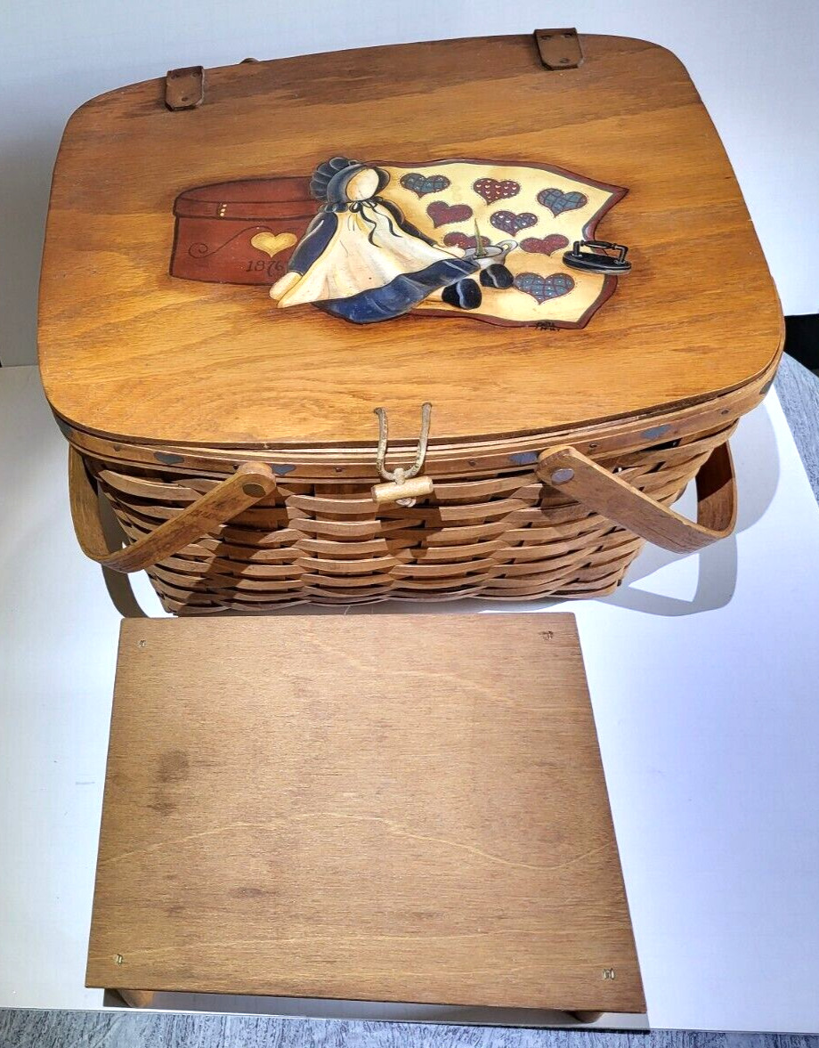 Vintage Longaberger Large Picnic Basket With Riser, Swing Handles, Painted Top