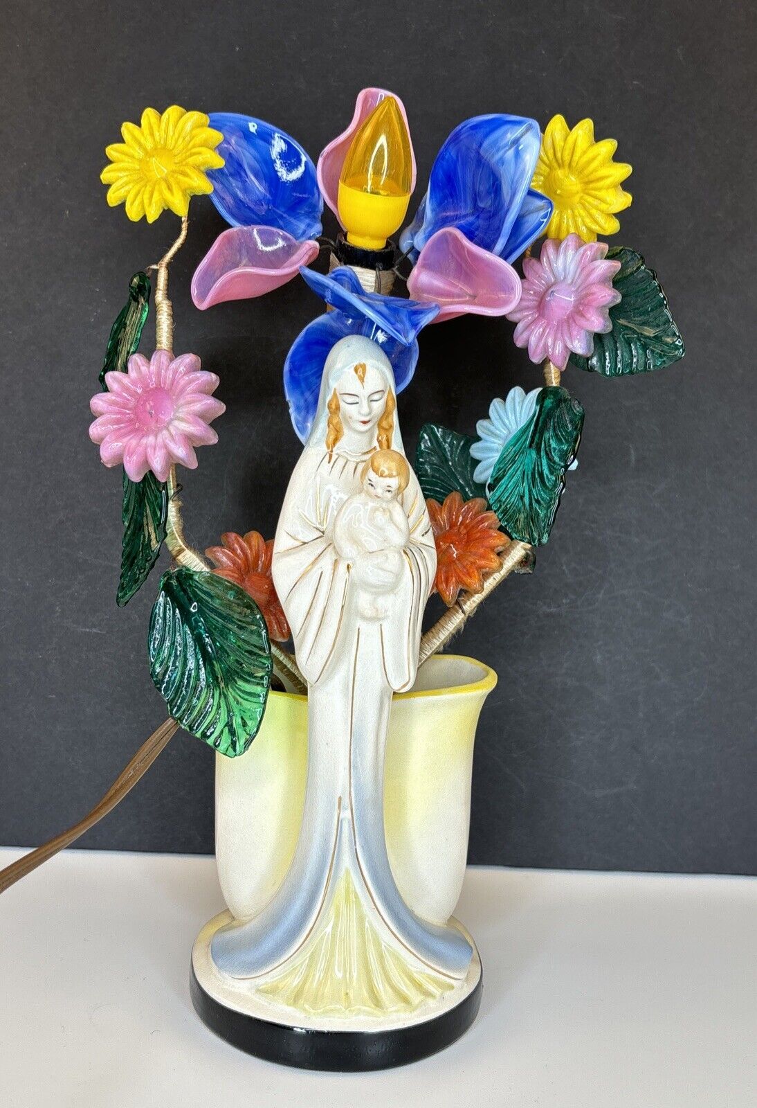 Vintage 1940's Lamp Wired Figural Glass Flower Leaves Madonna Child Planter Lamp