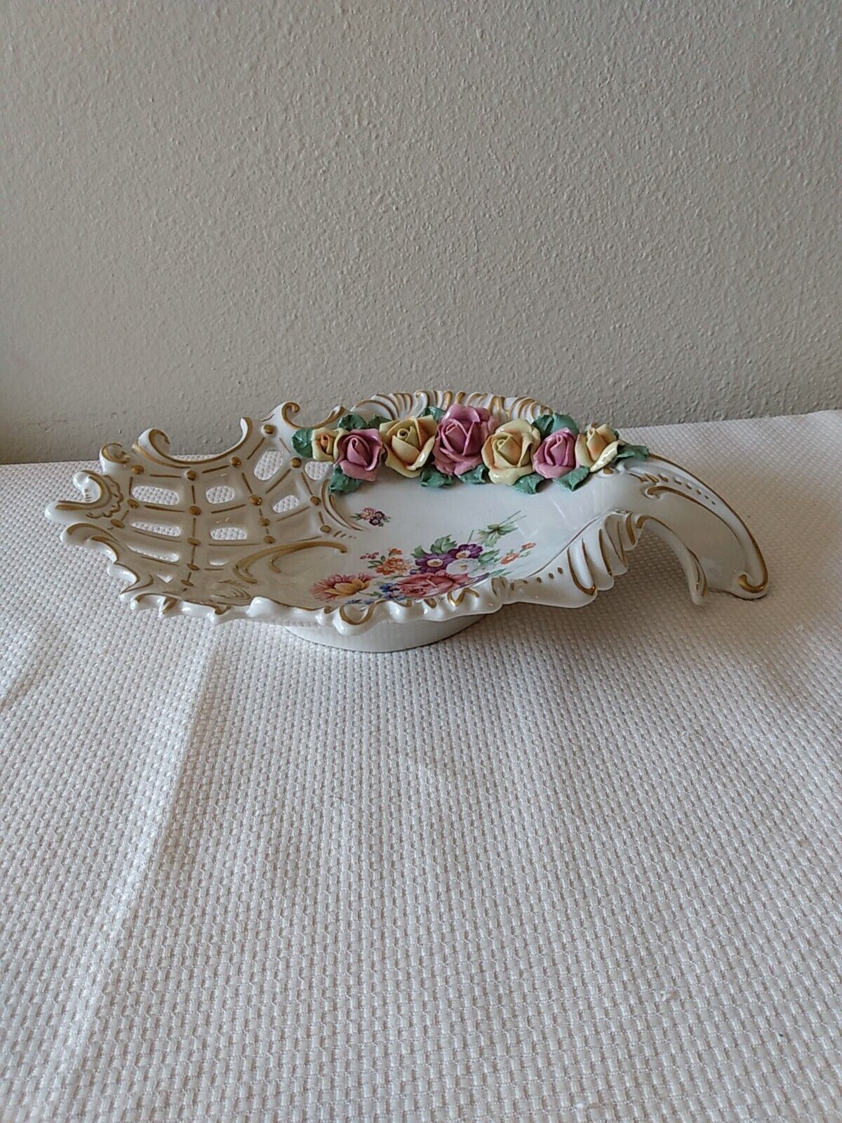Frankenthal, F. W. Wessel Porcelain Candy Dish With Gold Trim And Applied Roses,