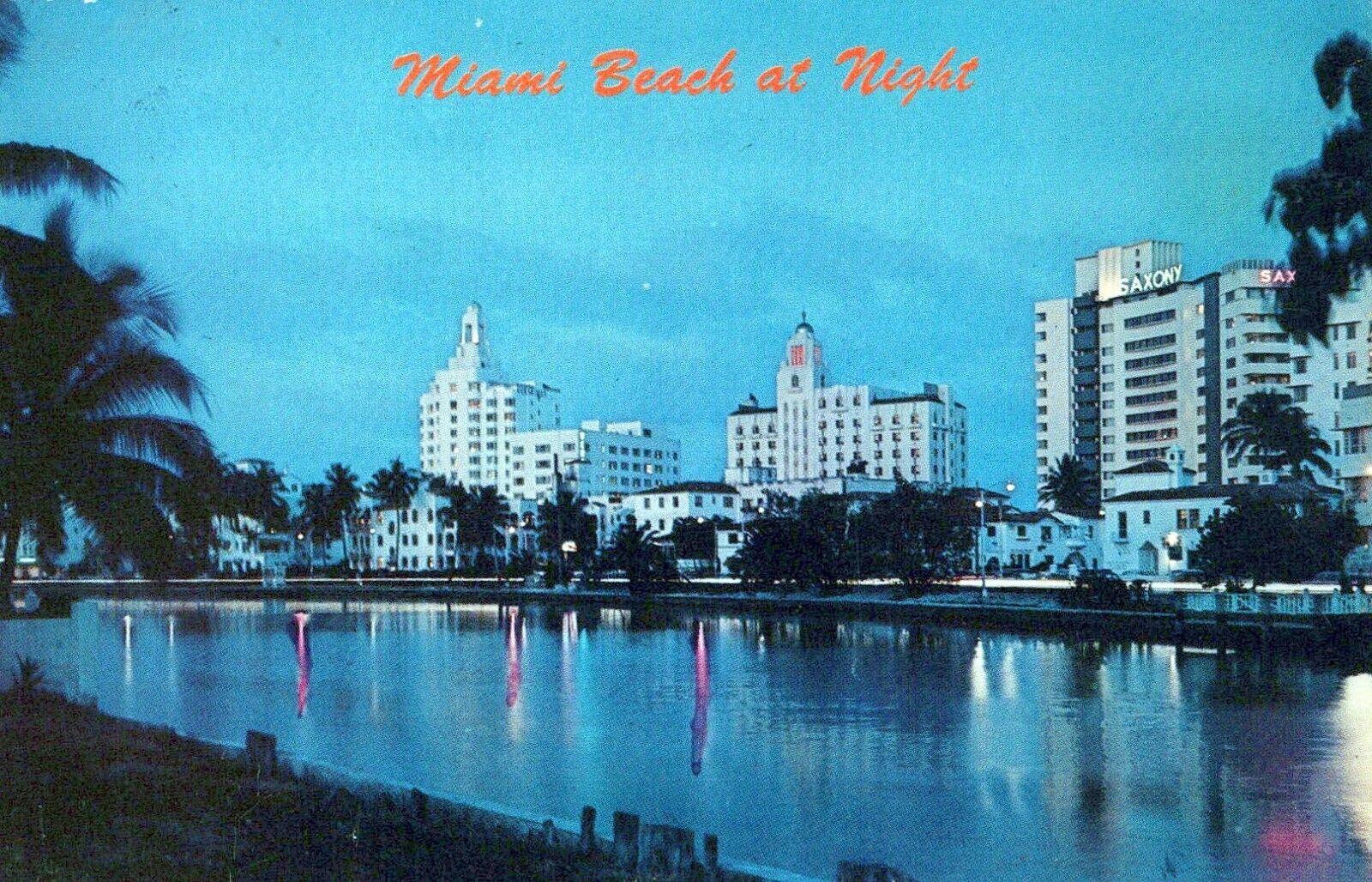 Miami Beach at Night Indian Creek Hotel Row Versailles Saxony Postcard