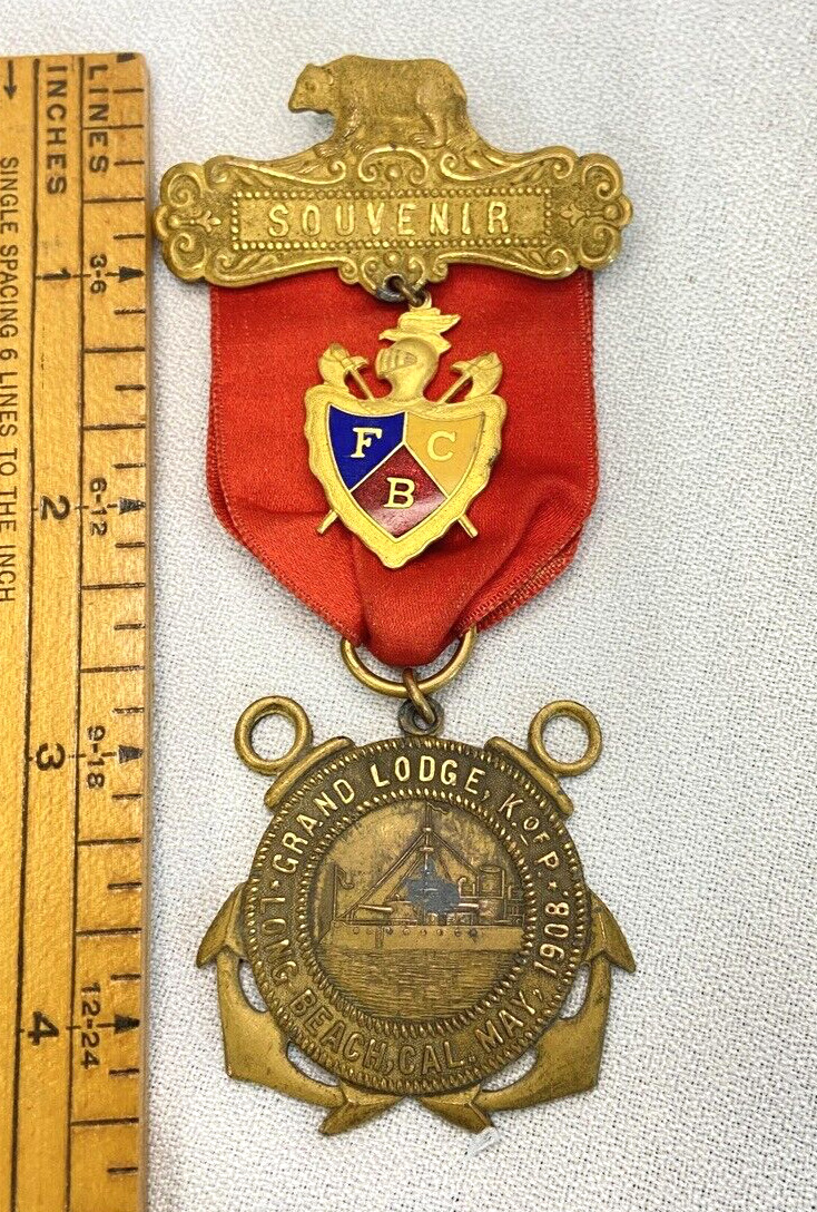 ANTIQUE 1908 Knights Of Pythias Pin Tag Grand Lodge Long Beach FCB Ornate K of P