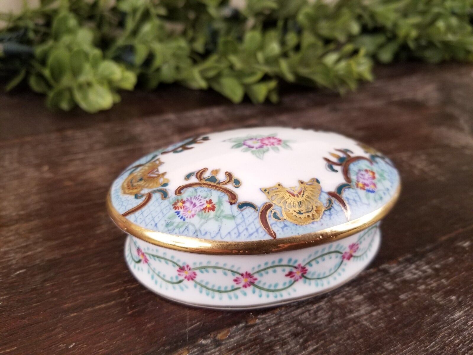 Vintage Oval Limoges Trinket or Jewel Box Hand Painted Floral Gilt Porcelain