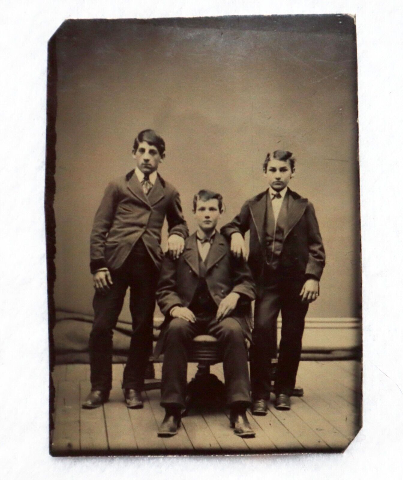 1800s Post Mortem Tintype Photograph 3 Brothers Visible Stands to Pose Open Eyes