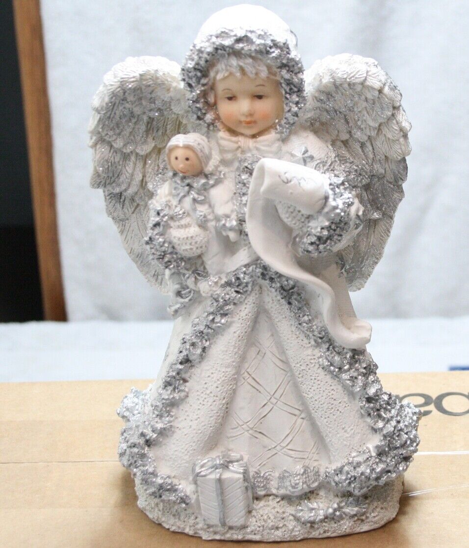 UNIQUE Vintage Resin Christmas Angel holding Baby White with Silver Accents Gift