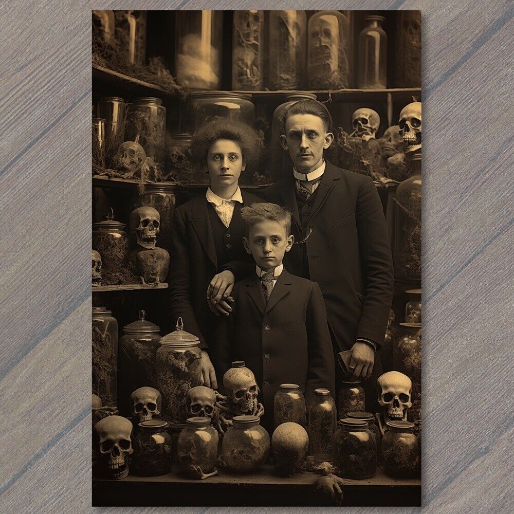 POSTCARD Weird Creepy Skull Skeleton Store Family Boy Halloween Cult Kid Unusual