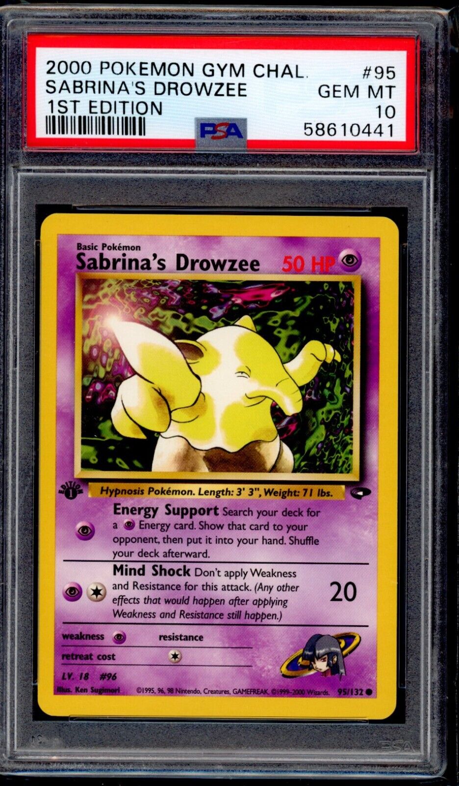 PSA 10 Sabrina\'s Drowzee 2000 Pokemon Card 95/132 1st Edition Gym Challenge