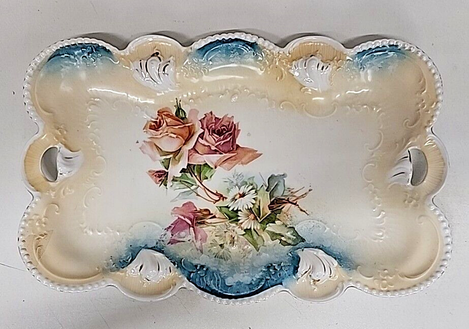 Antique RS Prussia Porcelain Dresser Tray Pink Roses Gold trim Rectangle