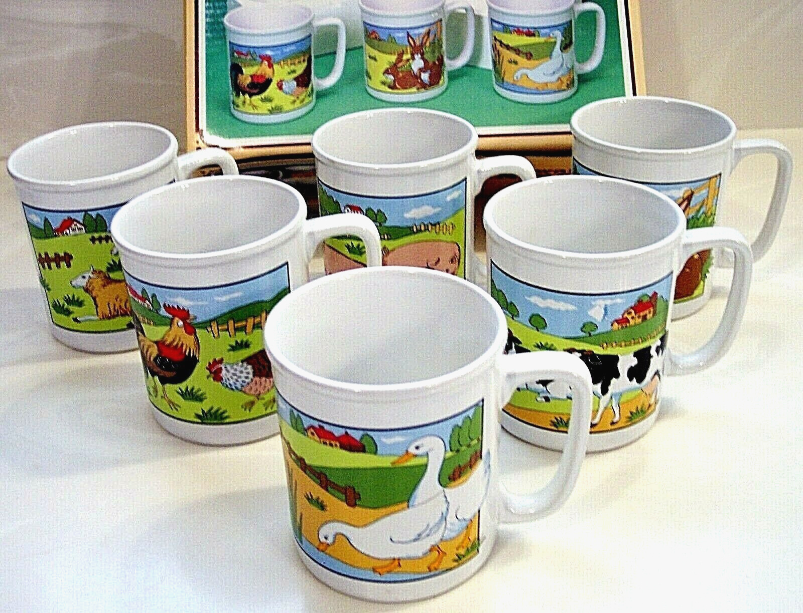 Vintage Fred Roberts Co. Country Farm Animals Stoneware Cups/Mugs Set of 6 NIB