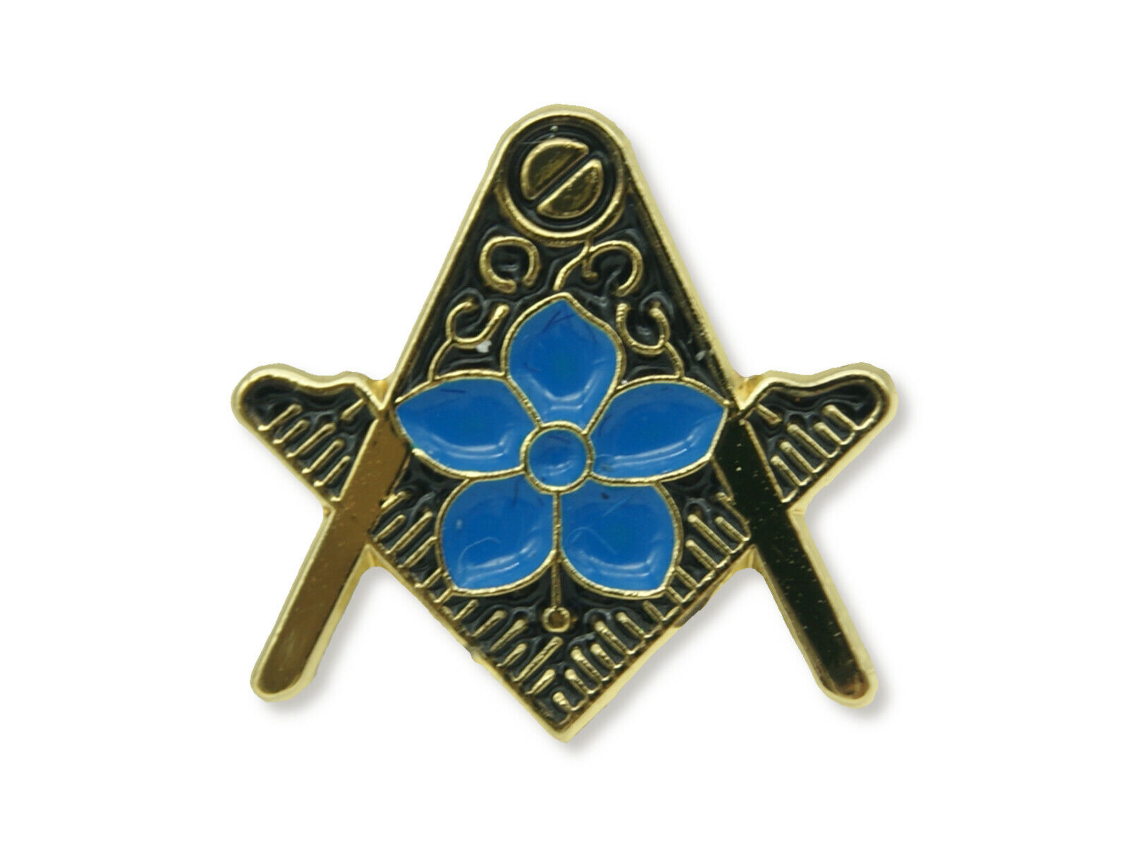 Freemasons Gold Square and Compass Lapel Pin with Masonic Forget Me Not - LP54