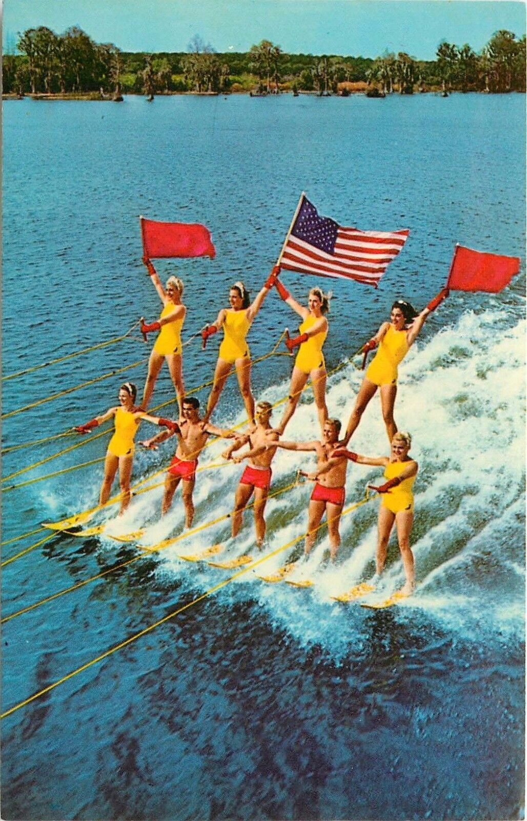 Human Pyramid on Water Skis Cypress Gardens Florida American Flag Postcard