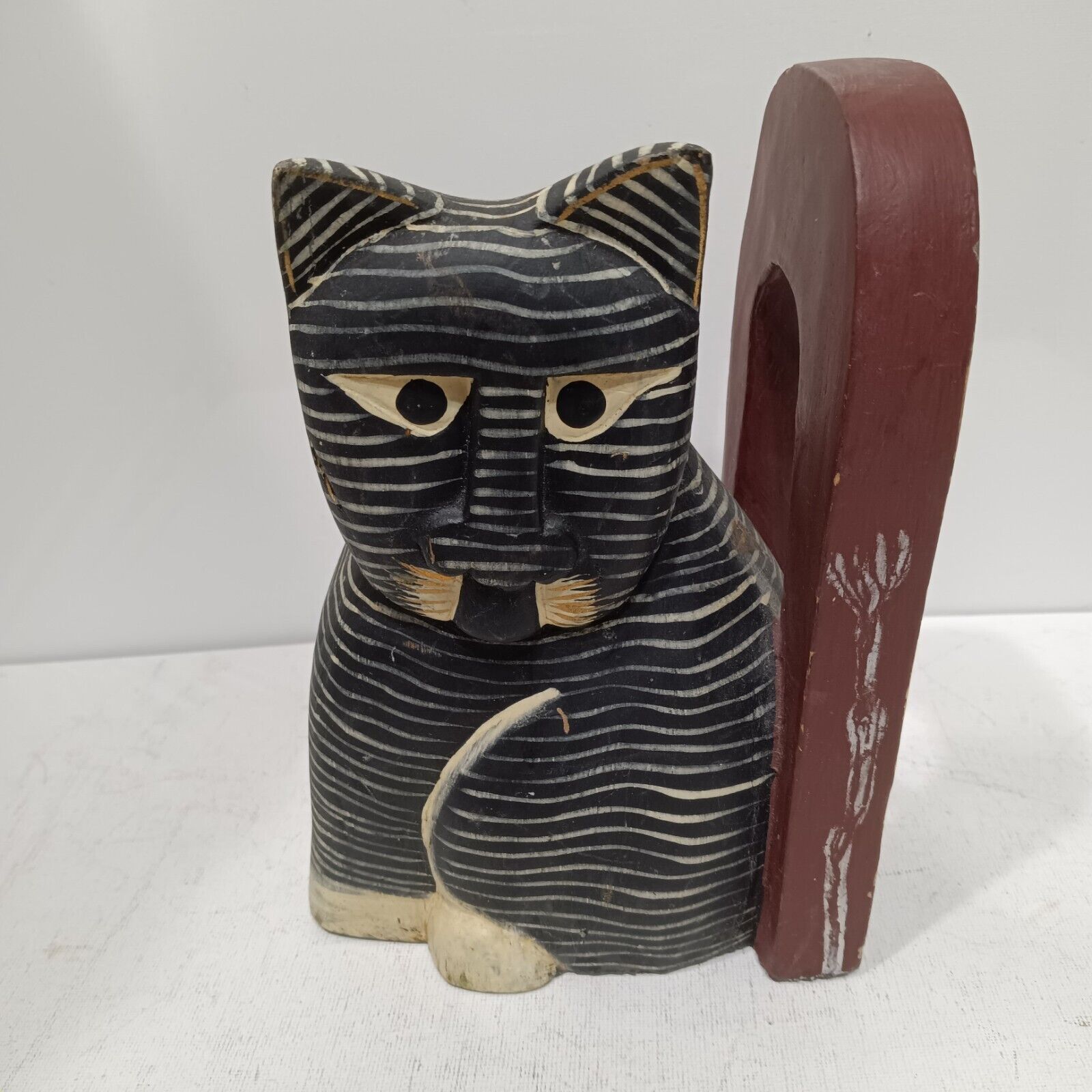 Wood Striped Cat Bookend (Single) Carved Folk Primitive Grumpy Cat