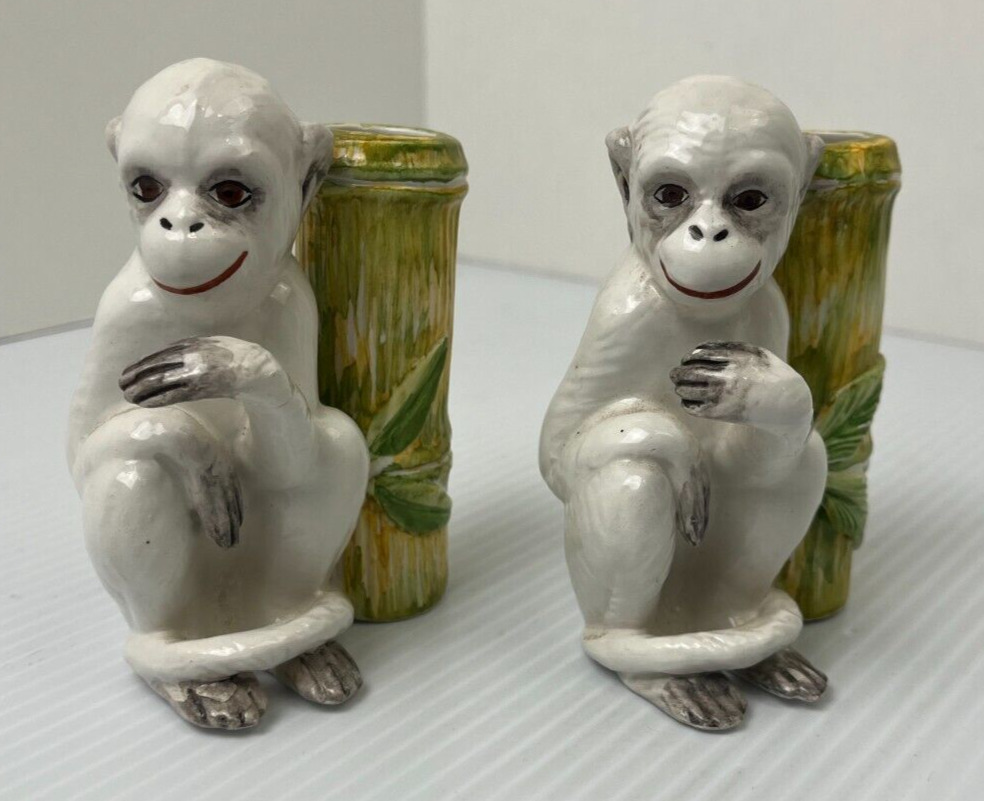 Vintage Italian Majolica Monkey w/Bamboo Vase (Set of 2)