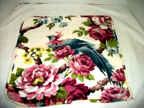 ANTIQUE BARKCLOTH PILLOW COVER FLOWERS EXOTIC BIRD WELTED EDGE VINTAGE 1930s