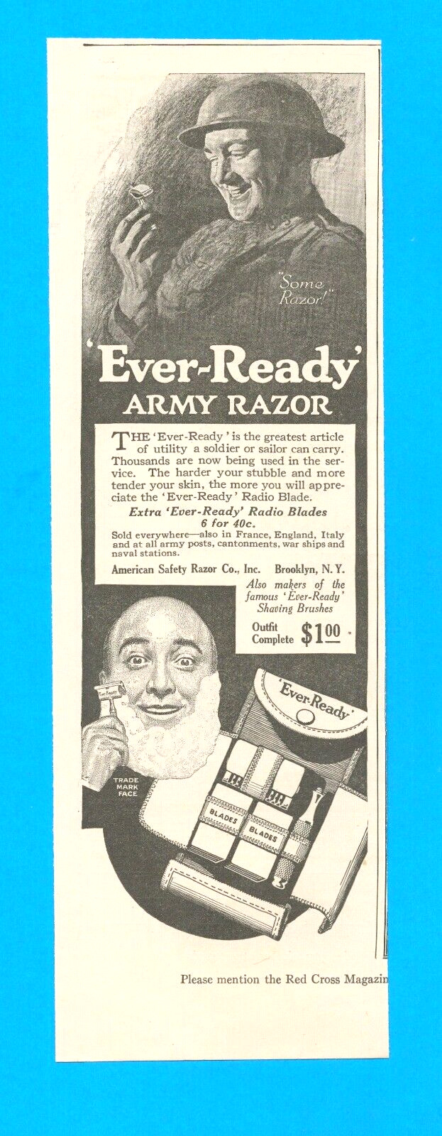 1918 EVER READY shaver The Great War WWI soldier shaving antique PRINT AD razor